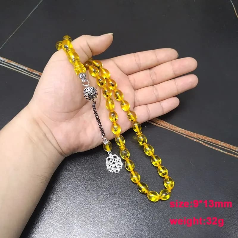 تسبيح الرجال الراتنج الأصفر الحشرة الحقيقية التركية مسبحة مسلم عيد أدها هدية سبحة صلاة سوار العربية الإكسسوارات على اليد - 3