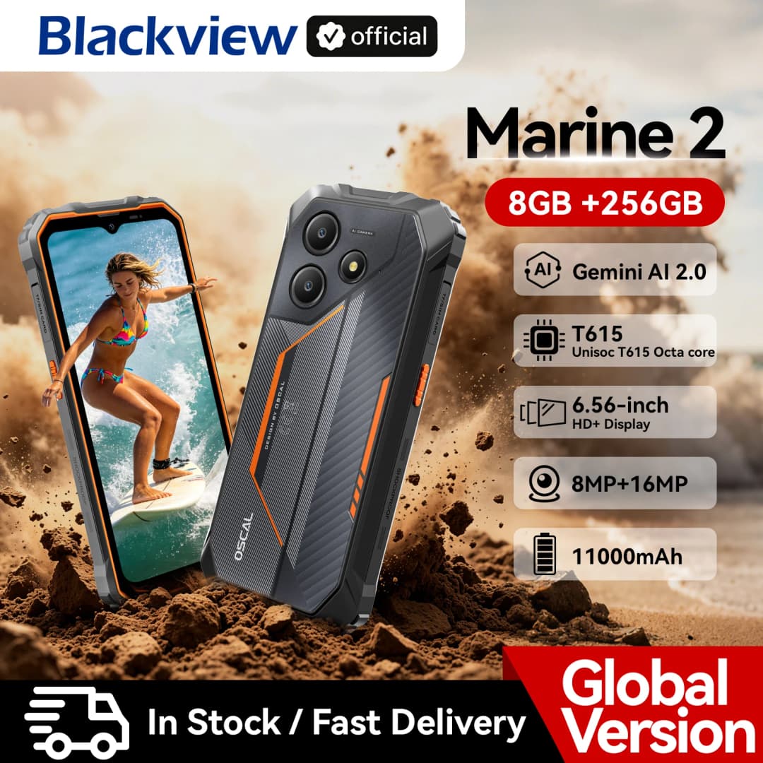 هاتف ذكي متين Blackview OSCAL Marine 2 AI شاشة 6.56 بوصة HD+ معالج Unisoc T615 ذاكرة 24(8+16)GB تخزين 256GB بطارية 11000mAh أندرويد 15 NFC