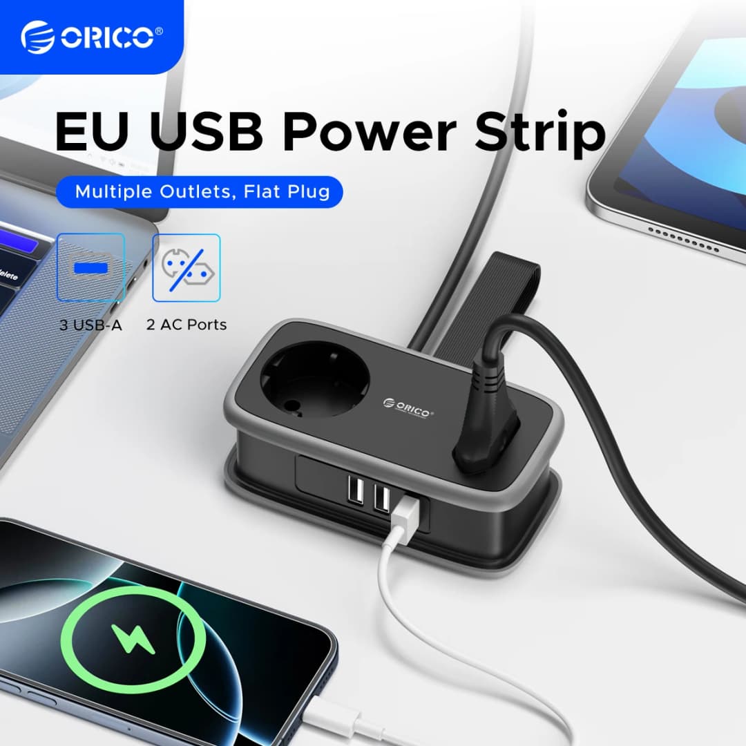 شريط طاقة ORICO للسفر مع قابس EU ذكي، مقبس متعدد، سلك تمديد 3.6 قدم، محطة شحن 5 منافذ USB A و Type C، حامل محول