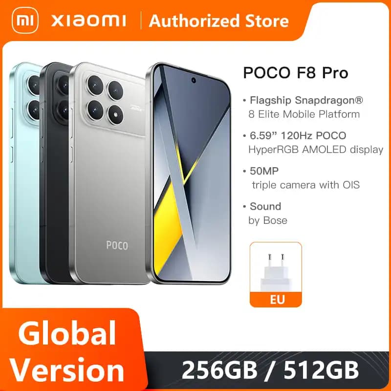 هاتف Xiaomi POCO F8 Pro 5G جديد أصلي نسخة عالمية بمعالج Snapdragon® 8 Elite وشاشة 6.59 بوصة بمعدل تحديث 120 هرتز HyperRGB AMOLED وبطارية 6210 مللي أمبير NFC