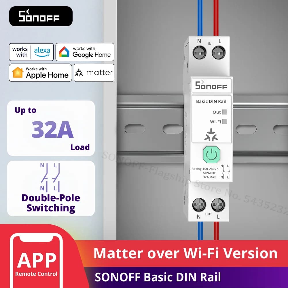 SONOFF BASIC-1GSP قضبان DIN الأساسية إصدار WiFi مع حمولة 32 أمبير وتتبع فاتورة الكهرباء متوافق مع Apple Home
