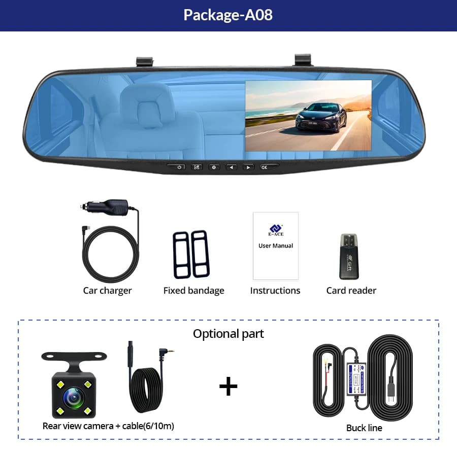 E-ACE داشكام، سيارة DVR بشاشة 4.3 بوصة، مرآة FHD 1080P، كاميرا بعدسة مزدوجة اختيارية، مرآة رؤية خلفية، داش كاميرا، مسجل فيديو للسيارات - 5
