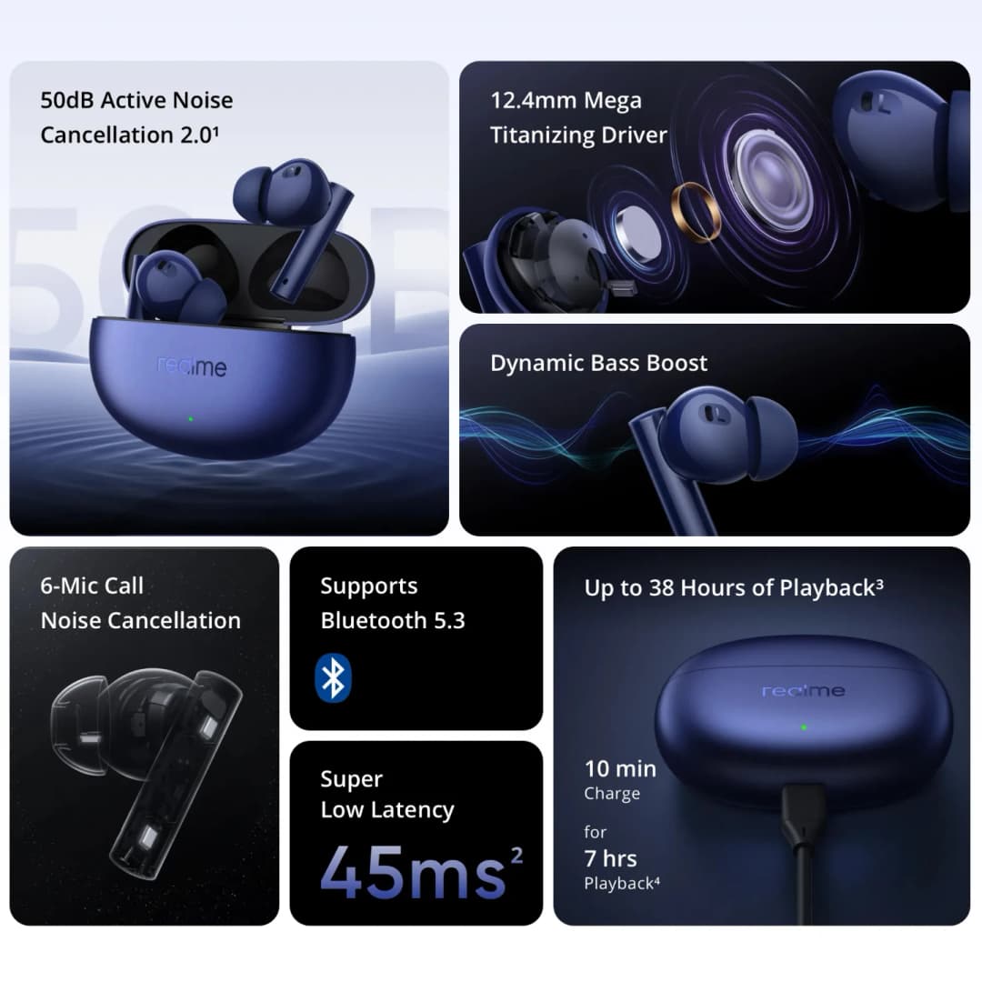 Global Version realme Buds Air 5 TWS Earphone 50dB Active Noise Cancellation Wireless Headphone 38Hour Battery Life Bluetooth5.3 - 2