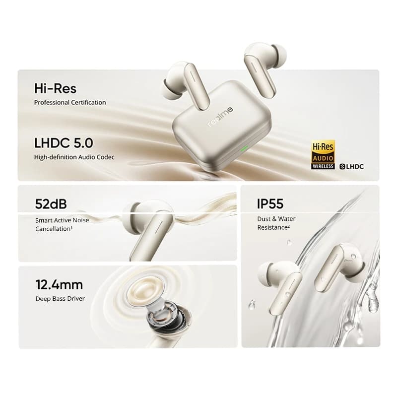 Global Version realme Buds Air 7 TWS Earphone 52dB Noise Cancellation 52 Hours Battery Life 12.4mm Bass Driver LHDC 5.0 IP55 - 2