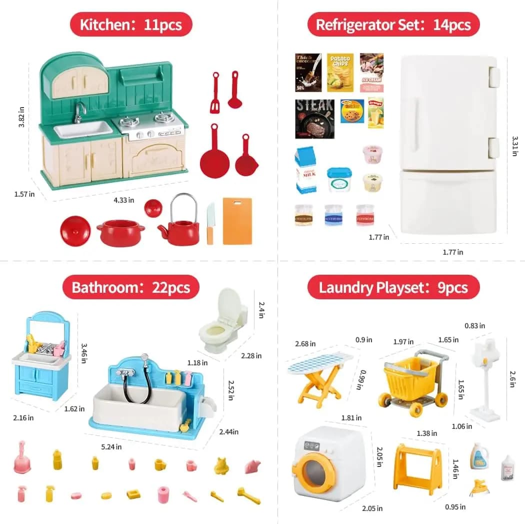 Dollhouse Furniture Set Doll house Bathroom/Kitchen/Fridge/Washing Machine Laundry Kids Doll House Miniature Pretend Play Toys - 2