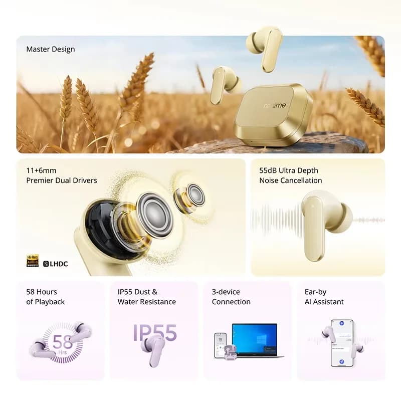 الإصدار العالمي realme Buds Air 8 55dB إلغاء ضوضاء عميق للغاية سماعة أذن لاسلكية حقيقية بلوتوث 5.4 سماعات أذن LHDC 5.0 IP55 - 2
