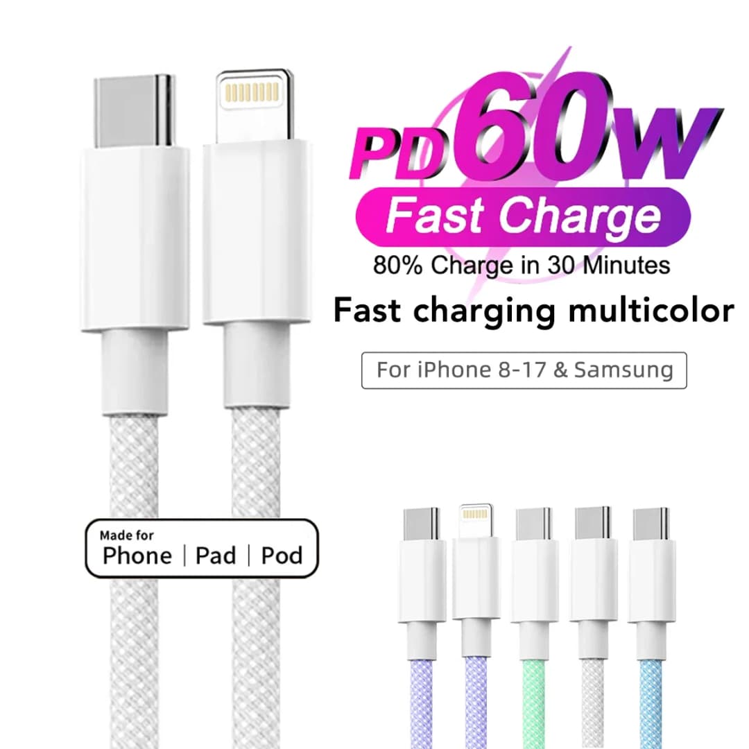 60W Fast Charging Nylon Braided USB-C to Type C Color Cable PD  For iPhone 13 14 Pro Max 11 12 XR XS Max Plus Samsung Data Sync