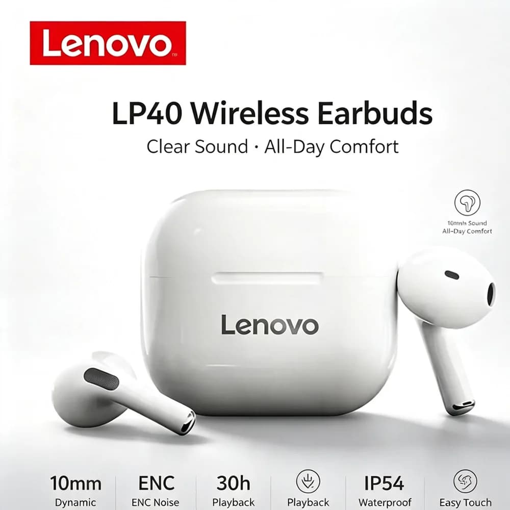 سماعات أذن لينوفو LP40 جديدة TWS لاسلكية بلوتوث، سماعات أذن مع باس، تحكم باللمس، ستيريو، تقليل الضوضاء، وضع استعداد طويل، أصلية - 6