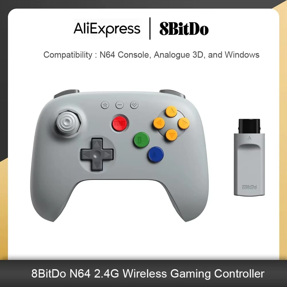 وحدة تحكم ألعاب لاسلكية 8BitDo N64 2.4G مع محول لوحدة التحكم الأصلية N64، تناظرية 3D، وويندوز
