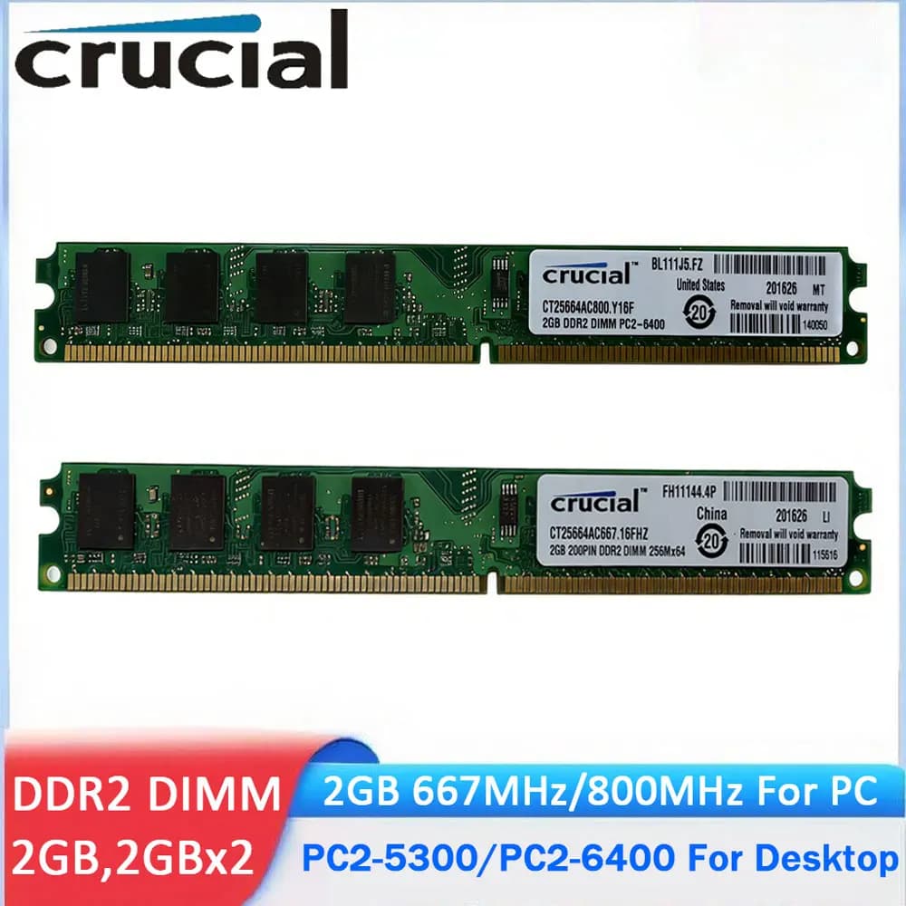 كروسيال ميموريا رام سطح المكتب DDR2 2 جيجابايت 4 جيجابايت (2x2 جيجابايت) 667 ميجاهرتز 800 ميجاهرتز ذاكرة DIMM PC2-5300 PC2-6400 1.8V غير ECC غير مخزن لذاكرة الوصول العشوائي للكمبيوتر