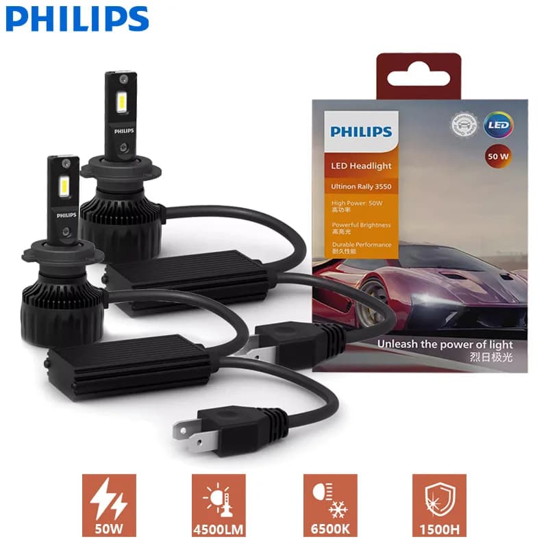مصابيح أمامية للسيارة Philips Ultinon Rally 3550 LED طرازات H4 وH7 وH11 بقوة 100 واط و9000 لومن HB3 وHB4 وHIR2 مصابيح LED بيضاء 6500K 2X