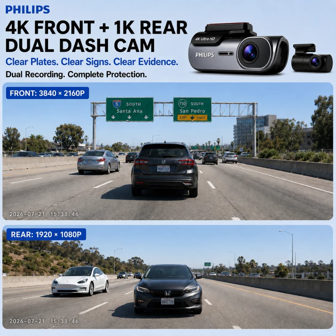 كاميرا داش فيليبس بي 07 بدقة 4K+1K إتش دي آر، كاميرا أمامية وخلفية مزدوجة، واي فاي 2.4 جيجاهرتز و5.8 جيجاهرتز، تطبيق جي بي إس، مراقبة وقوف السيارات 24 ساعة، رؤية ليلية - 2