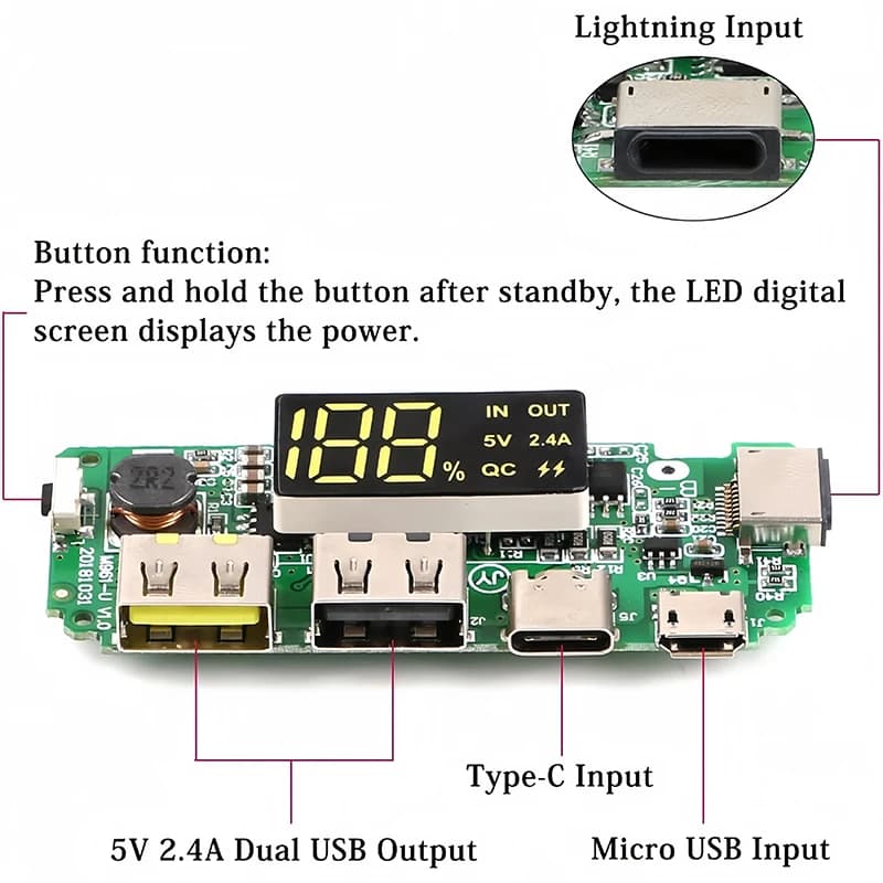 لوحة شحن 18650 ثنائي USB 5V 2.4A وحدة بنك طاقة محمول 186 50 لوحة شحن بطارية ليثيوم حماية الدائرة - 6