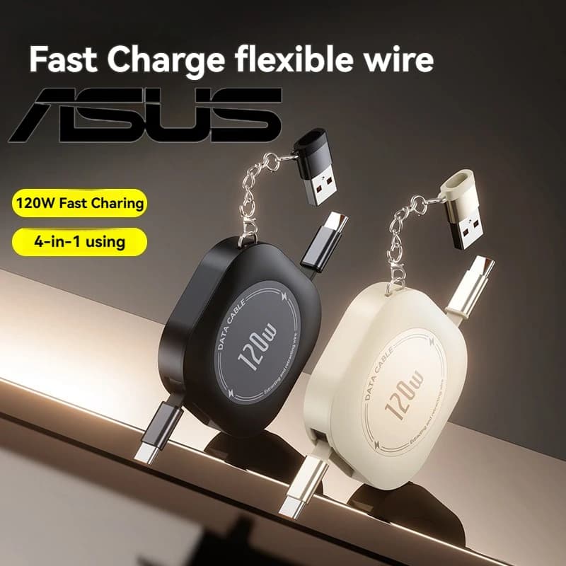 أسوس كابل شحن قابل للسحب USB C إلى USB C بقوة 120 واط، مع محول Type C أنثى إلى USB ذكر لهواتف آيفون 17 وشاومي