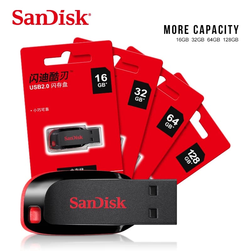محرك أقراص فلاش SanDisk CZ50 USB 2.0 بسعة 128 جيجابايت و64 جيجابايت و32 جيجابايت و16 جيجابايت، محرك أقراص صغير USB2.0، ذاكرة USB، عصا USB للكمبيوتر