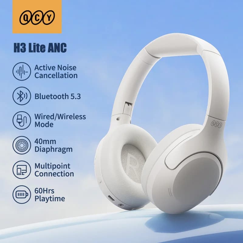 سماعات رأس QCY H3 Lite لاسلكية/سلكية مع تقنية إلغاء الضوضاء، بلوتوث 5.3، قابلة للطي، فوق الأذن، صوت HIFI، وقت تشغيل 60 ساعة، اتصال مزدوج