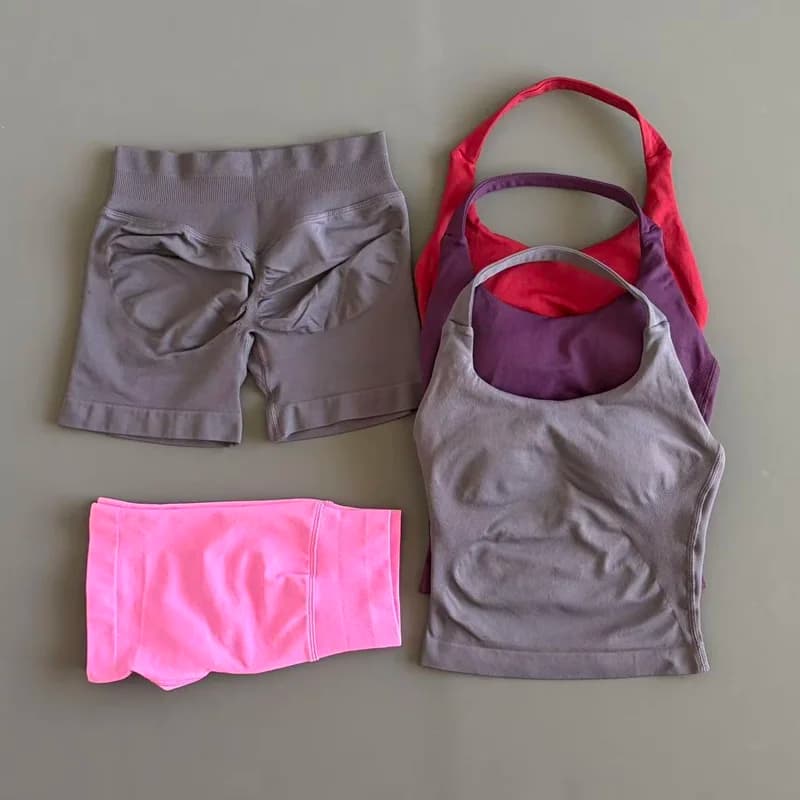 طقم 2 قطعة HISTELLO توب حمالة صدر Strappy شورت ملابس يوجا نسائية بلا خياطة صدرية رافعة للأرداف بنطلون رياضي بدلة جيم - 3