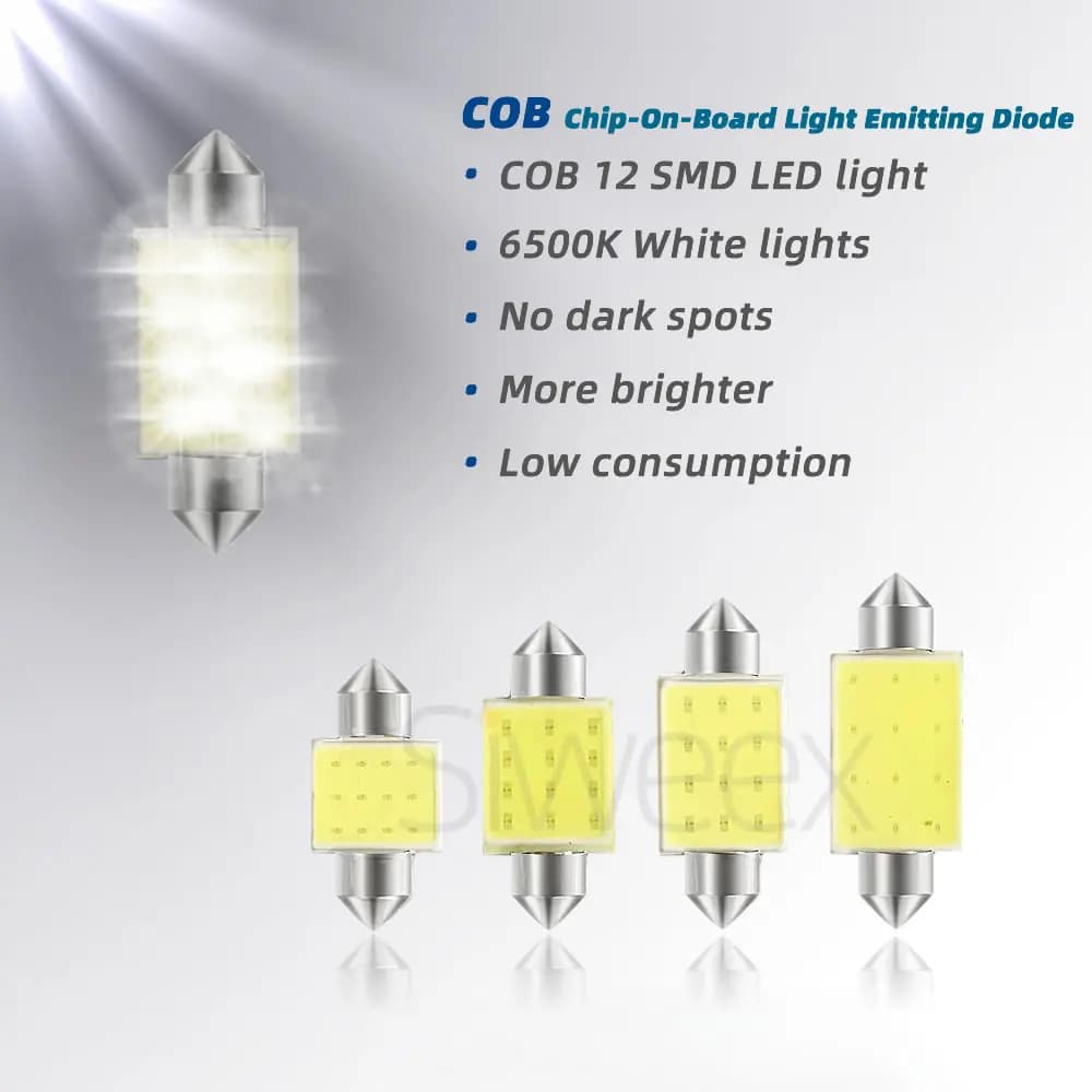 مصابيح LED COB للسيارة مقاس 31mm 36mm 39mm 41mm/42mm، إضاءة قبة Festoon، مصابيح داخلية للقراءة ولوحة الترخيص، أبيض وأزرق DC 12V - 2