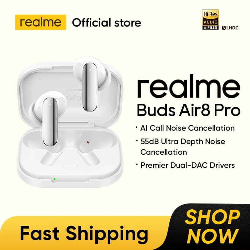الإصدار العالمي لسماعات realme Buds Air8 Pro اللاسلكية TWS، ترجمة AI، Gemini AI، مشغلات ثنائية DAC مقاس 11+6 ملم