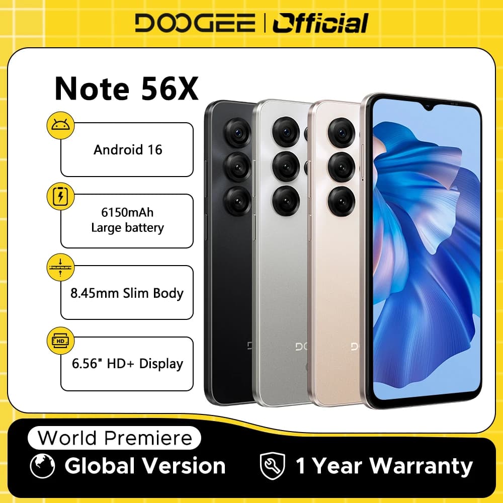 هاتف DOOGEE Note56 X 5G المحمول بجسم نحيف 8.45 ملم وشاشة 6.56 بوصة بمعدل تحديث 90 هرتز ونظام أندرويد 16 وبطارية 6150 مللي أمبير في الساعة مع خاصية التعرف على المشهد بالذكاء الاصطناعي