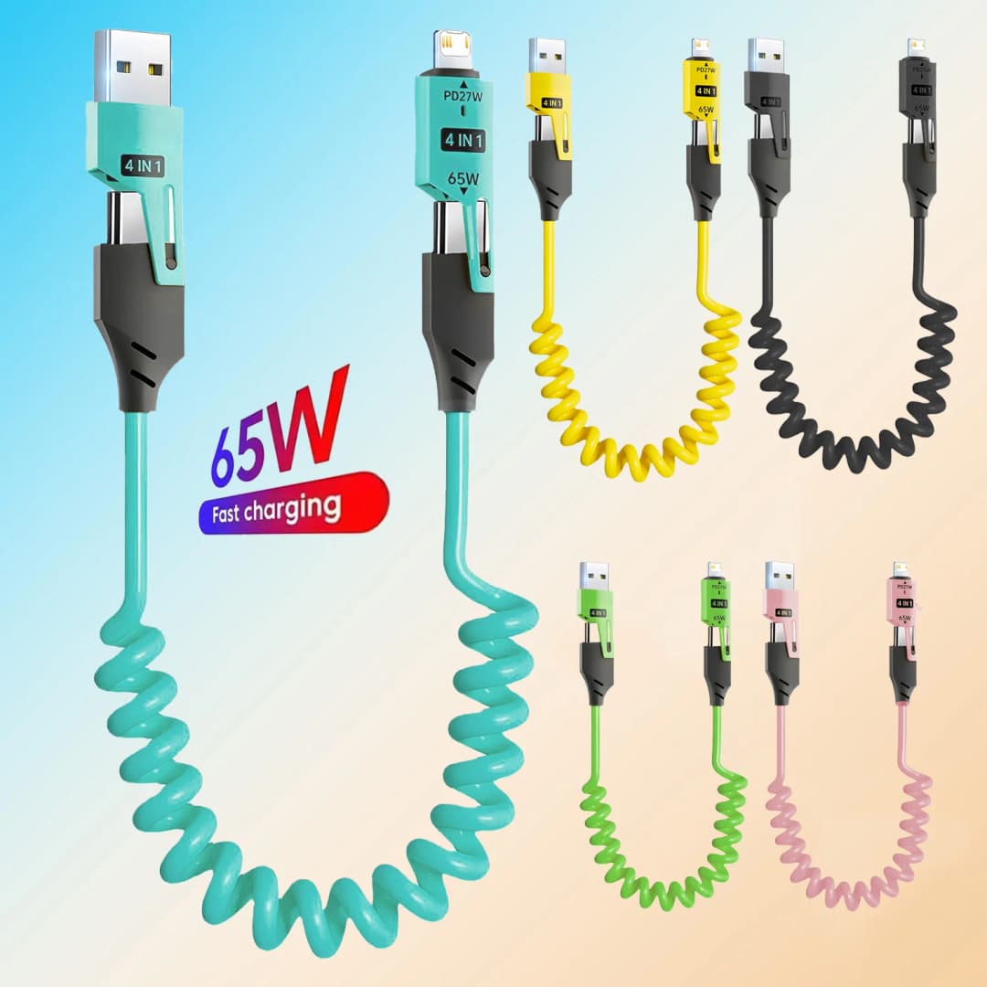 كابل شحن سريع 4 في 1 من نوع USB-C مع نابض للسيارة، 6A مايكرو USB تلسكوبي قصير لايتنينج لآيفون وآيباد وسامسونج وشاومي وهواوي