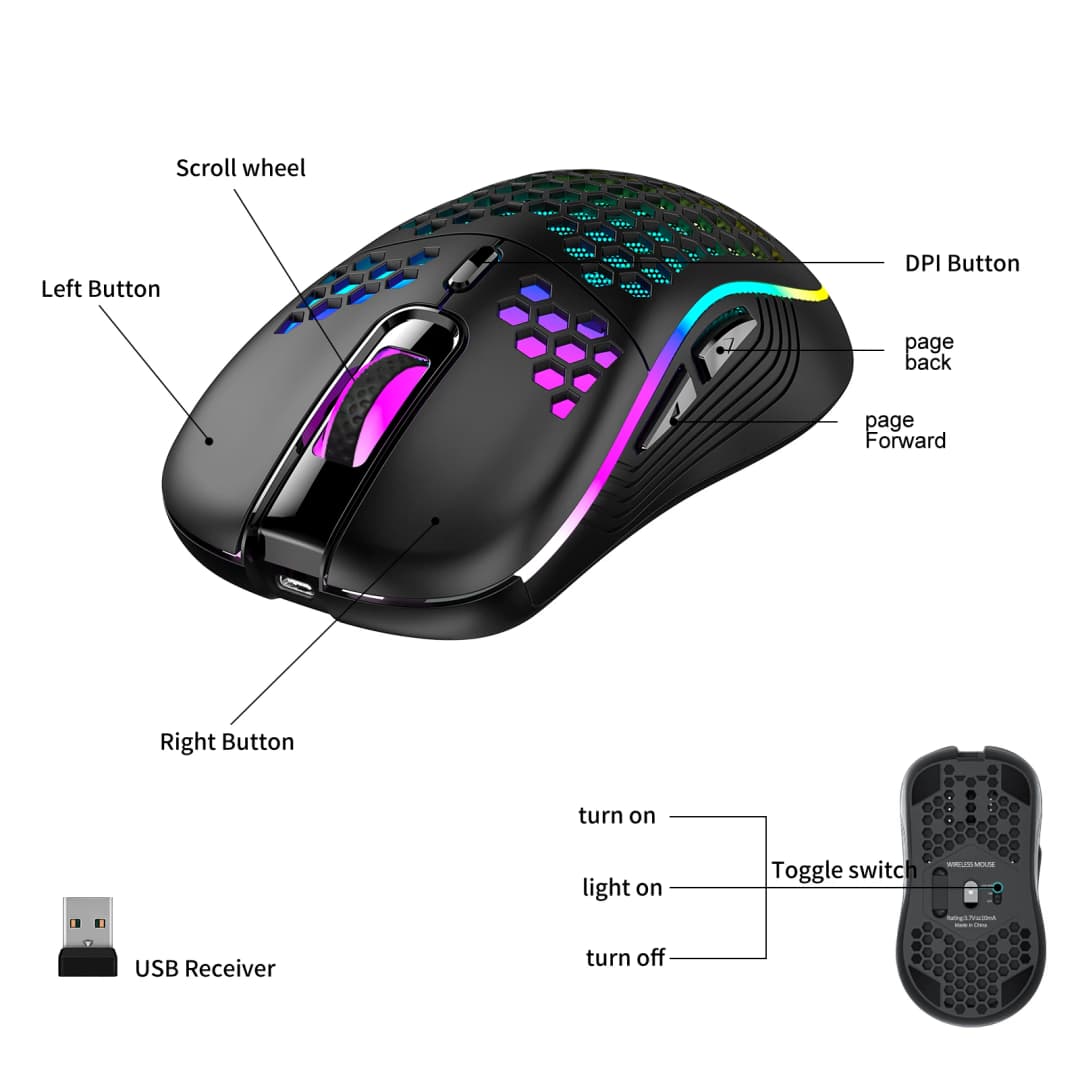 ماوس ألعاب لاسلكي خلية نحل 2.4 جيجاهرتز USB مع إضاءة RGB قابلة لإعادة الشحن وأضواء LED وحبل باراكورد خالي من السحب وتصميم مريح - 5