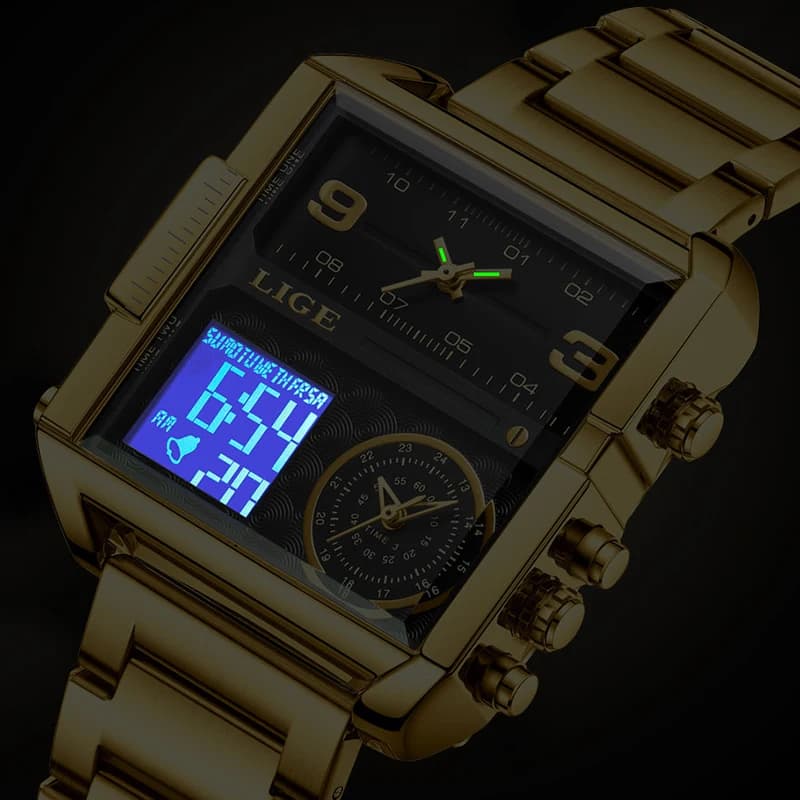 LIGE Top Brand Luxury Fashion Men Watches Gold Steel Sport Square Digital Analog Big Quartz Watch for Man Relogio Masculino+BOX - 4