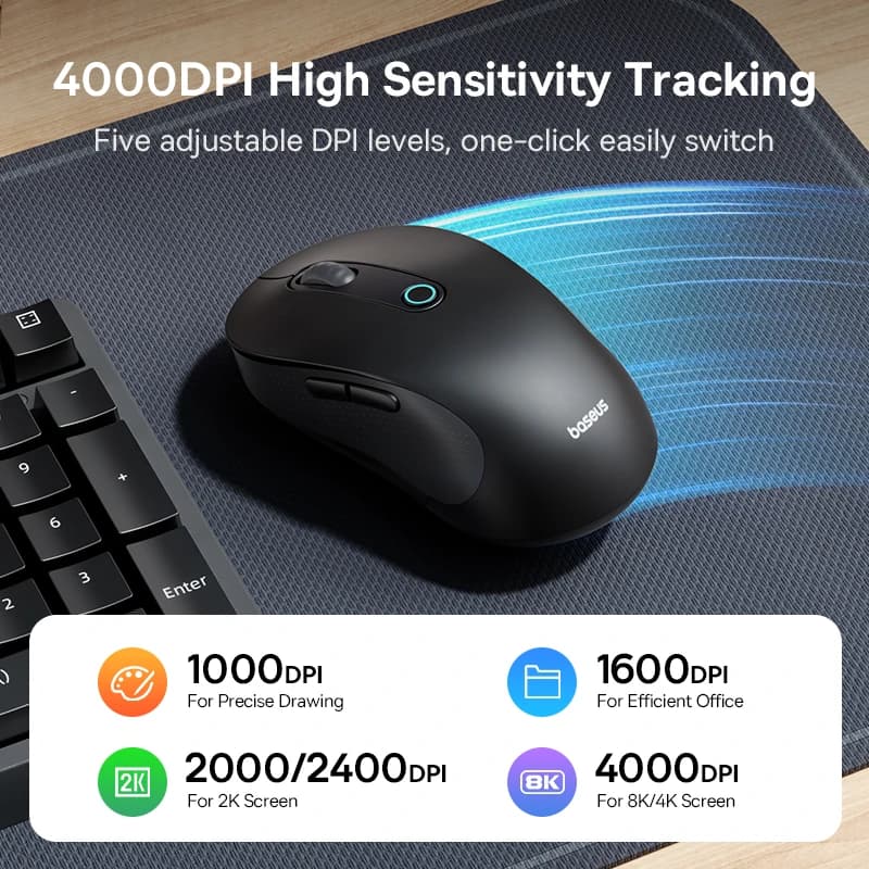 Baseus F02 Wireless Mouse Bluetooth 5.2 2.4G 4000DPI Ergonomic 7 Mute Buttons Mice for iPad MacBook Tablet Laptop Computer Mouse - 3