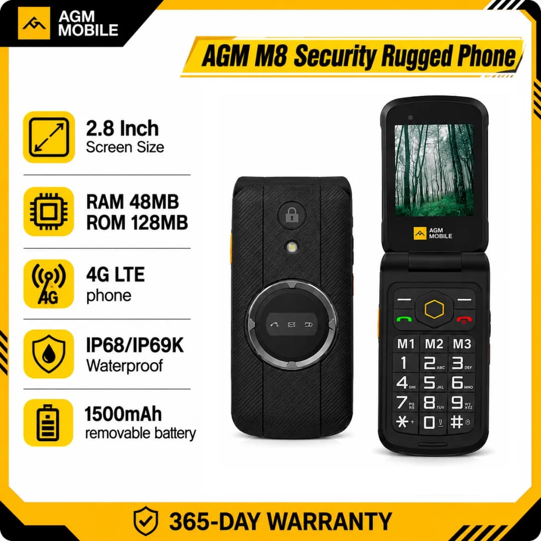 هاتف قلاب متين AGM M8 آمن لكبار السن بدون كاميرا/بلوتوث ضد الماء شاشة 2.8” QVGA 4G زر طوارئ SOS بطارية 1500 مللي أمبير راديو FM
