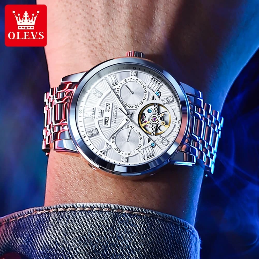 OLEVS Men's Watches Skeketon Flywheel Automatic Mechanical Original Wristwatch for Man Waterproof Luminous Perpetual Calendar - 5