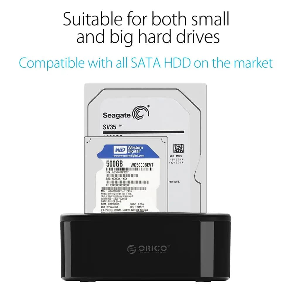 ORICO Dual-bay Hard Drive Docking Station for 2.5/3.5 Inch HDD SSD SATA to USB 3.0 HDD Docking Station with 12V3A Power Adapter - 5