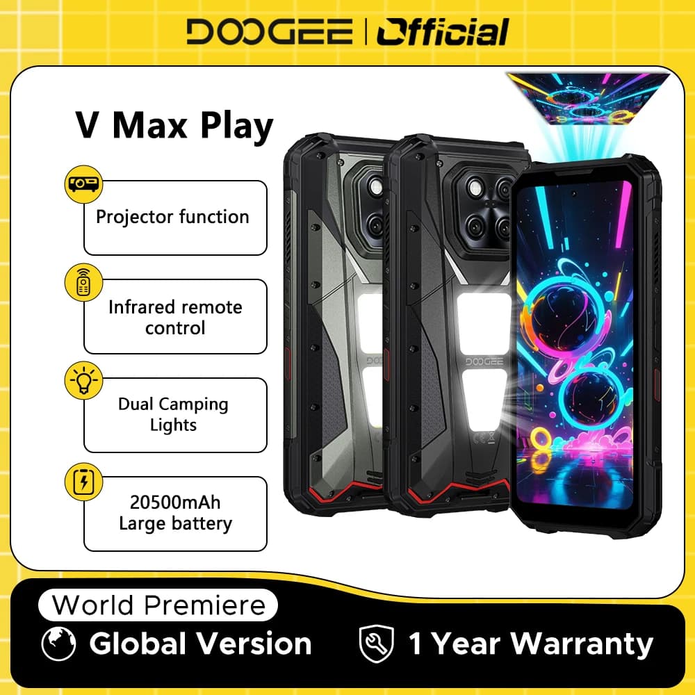 العرض الأول عالميًا لهاتف DOOGEE V Max Play 5G بميزة العرض الضوئي، هاتف متين ببطارية 20500 مللي أمبير، إضاءة تخييم مزدوجة، معالج Dimensity 7300، ذاكرة 16 جيجابايت + 512 جيجابايت، تقنية NFC