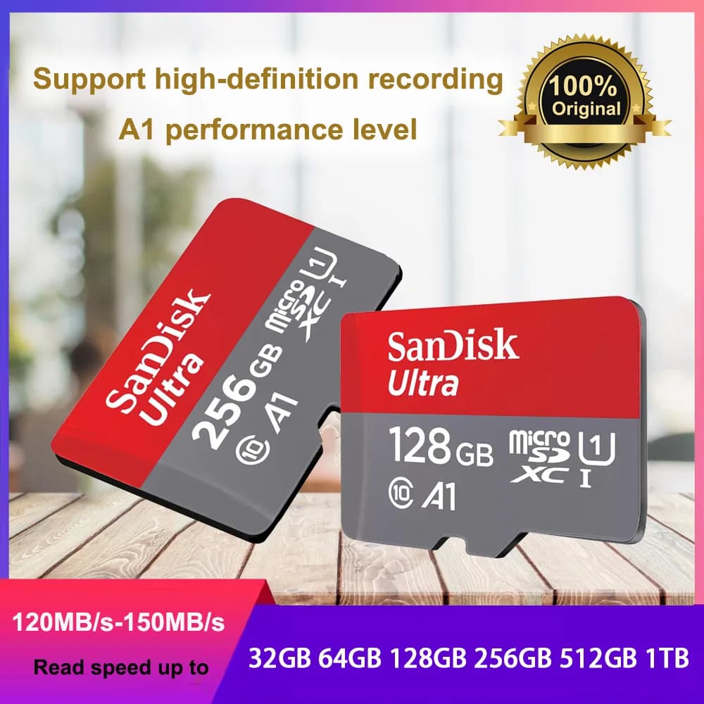 بطاقة SanDisk Ultra microSD 32 جيجابايت microSDHC A1 UHS-I Class10 64 جيجابايت 128 جيجابايت 256 جيجابايت 512 جيجابايت 1 تيرابايت microSDXC مثالية للفيديو عالي الدقة الكاملة