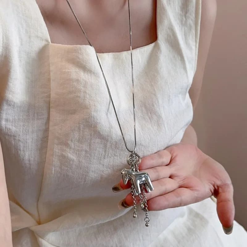 Minar INS Fashion Smooth Surface Horse Chain Tassel Pendant Necklaces for Women Silver Plated Snake Chain Long Sweater Chain - 2