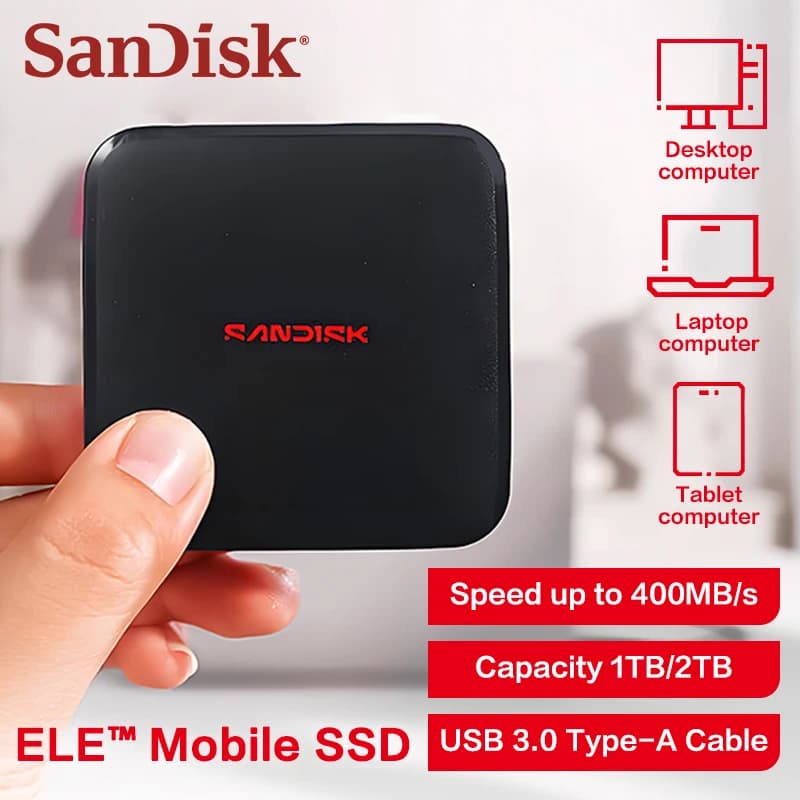 SanDisk ELE SSD محمول USB 3.0 Type-A مع محول Type-C بسرعة قصوى 400 ميجابايت/ثانية قرص صلب 1 تيرابايت/2 تيرابايت للهاتف والكمبيوتر