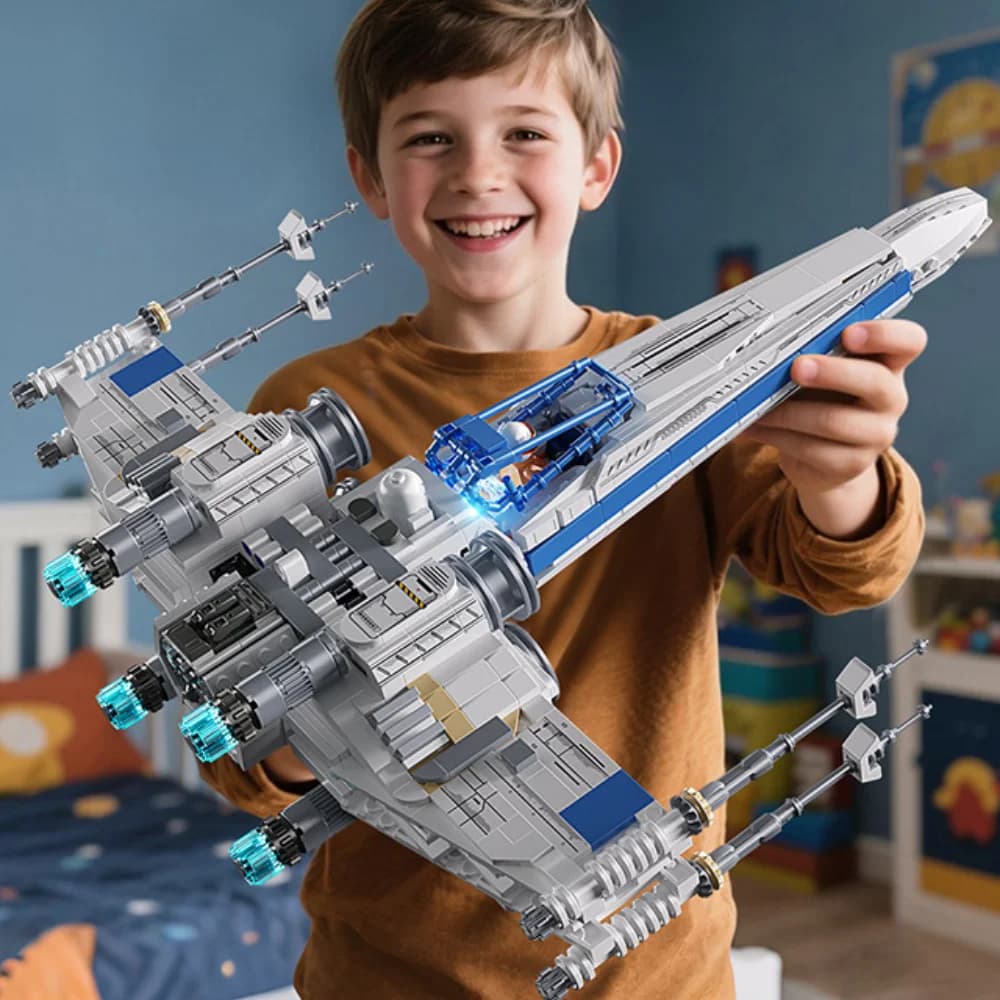 مجموعة مكعبات بناء TOYLINX مقاتلة الفضاء X-Wing مع إضاءة LED ولعبة مركبة فضائية ميكانيكية مع طيار - هدايا