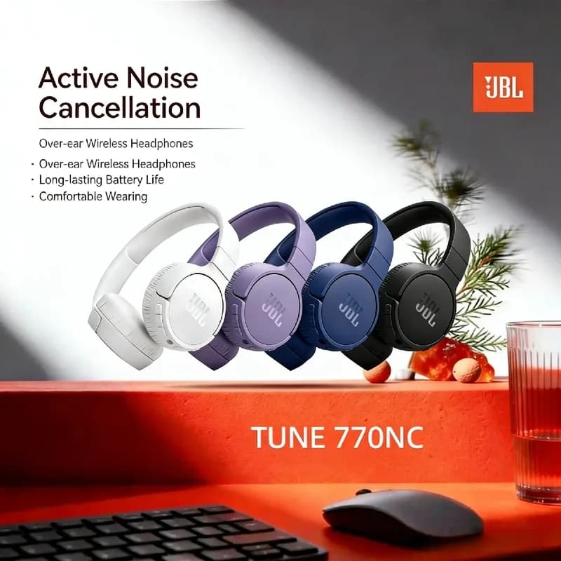 سماعات رأس لاسلكية أصلية JBL Tune 770NC، إلغاء ضوضاء تكيفي، محيط ذكي، بلوتوث 5.3، شحن سريع أصلي وشائع