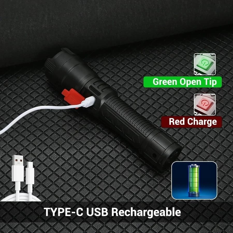 كشاف LED عالي الطاقة 2000 لومن، بطارية مدمجة قابلة لإعادة الشحن عبر USB، كشاف تكتيكي قوي للتخييم والمشي في الهواء الطلق - 5