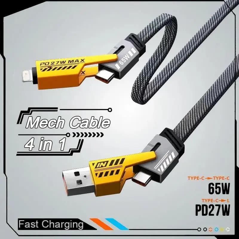 كابل شحن سريع 4 في 1 من نوع Mecha، PD 27 واط USB-C متعدد المنافذ، كابل بيانات 65 واط متوافق مع سامسونج وشاومي