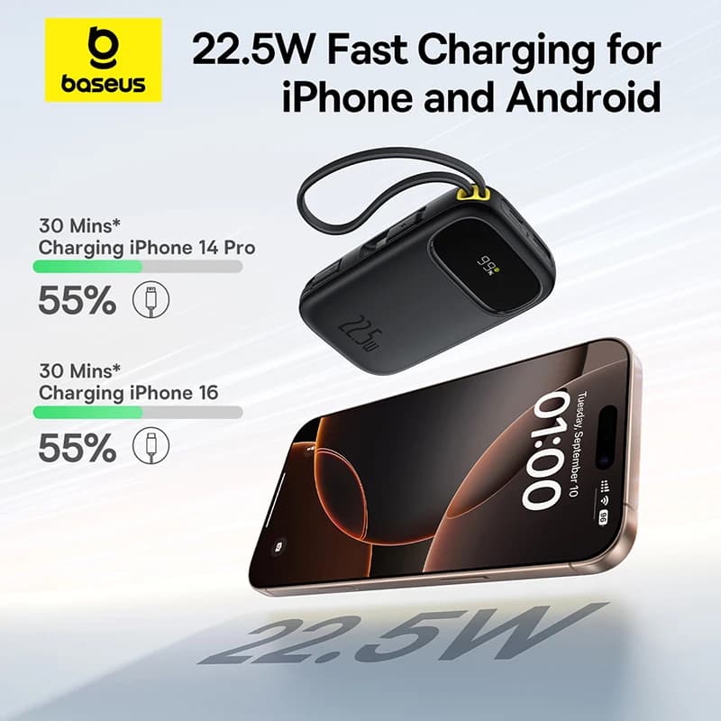 بايوس 22.5 واط 10000 مللي أمبير 20000 مللي أمبير بنك طاقة مدمج بكابل قابل للسحب USB-C و Lightning لهاتف آيفون 16 سامسونج S25 شاومي بوكو - 2