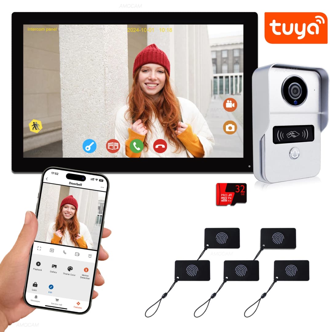 نظام إنتركوم فيديو رقمي سلكي 2 سلك شاشة 10.1 بوصة لاسلكية WIFI بدقة 1080P كاميرا باب فيديو جرس باب بفتح عبر تطبيق Tuya