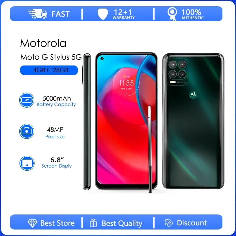 هاتف موتورولا موتو جي ستايلس 5G XT2131 الأصلي غير المقفول - 4 جيجابايت رام، 128 جيجابايت روم، معالج ثماني النواة، كاميرا 48 ميجابكسل، شاشة 6.8 بوصة، بطارية 5000 مللي أمبير، أندرويد 11، يدعم NFC