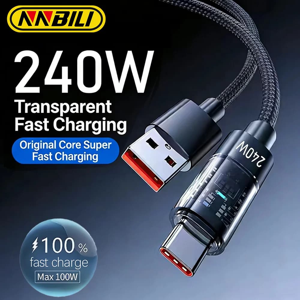 كابل شحن فائق السرعة NNBILI 240 واط من النايلون من نوع USB A إلى Type C لهواتف Samsung S26 وHuawei، كابل شحن من نوع USB C إلى Type C لهواتف iPhone 17 و16