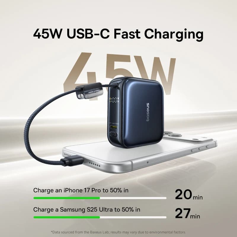 Baseus 45W Mini Power Bank 10000mAh Built-In USB-C Cable Pocket-Sized Smaller Fast Charging Portable For iPhone 17 Samsung S25 - 3
