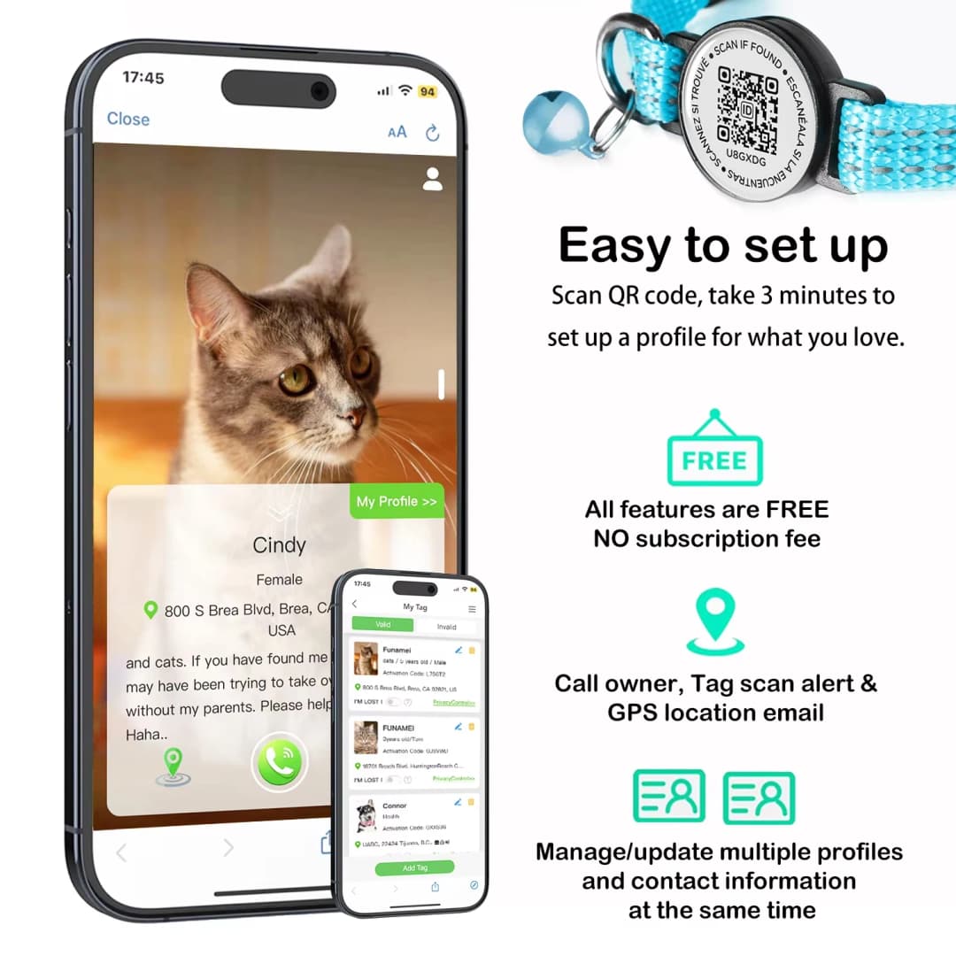 طوق قطط مزود بنظام تحديد المواقع GPS مع علامة كود QR وحافظة Airtag طوق قطط عاكس من Apple لتعقب الحيوانات الأليفة طوق قطط صغير قابل للفصل - 5
