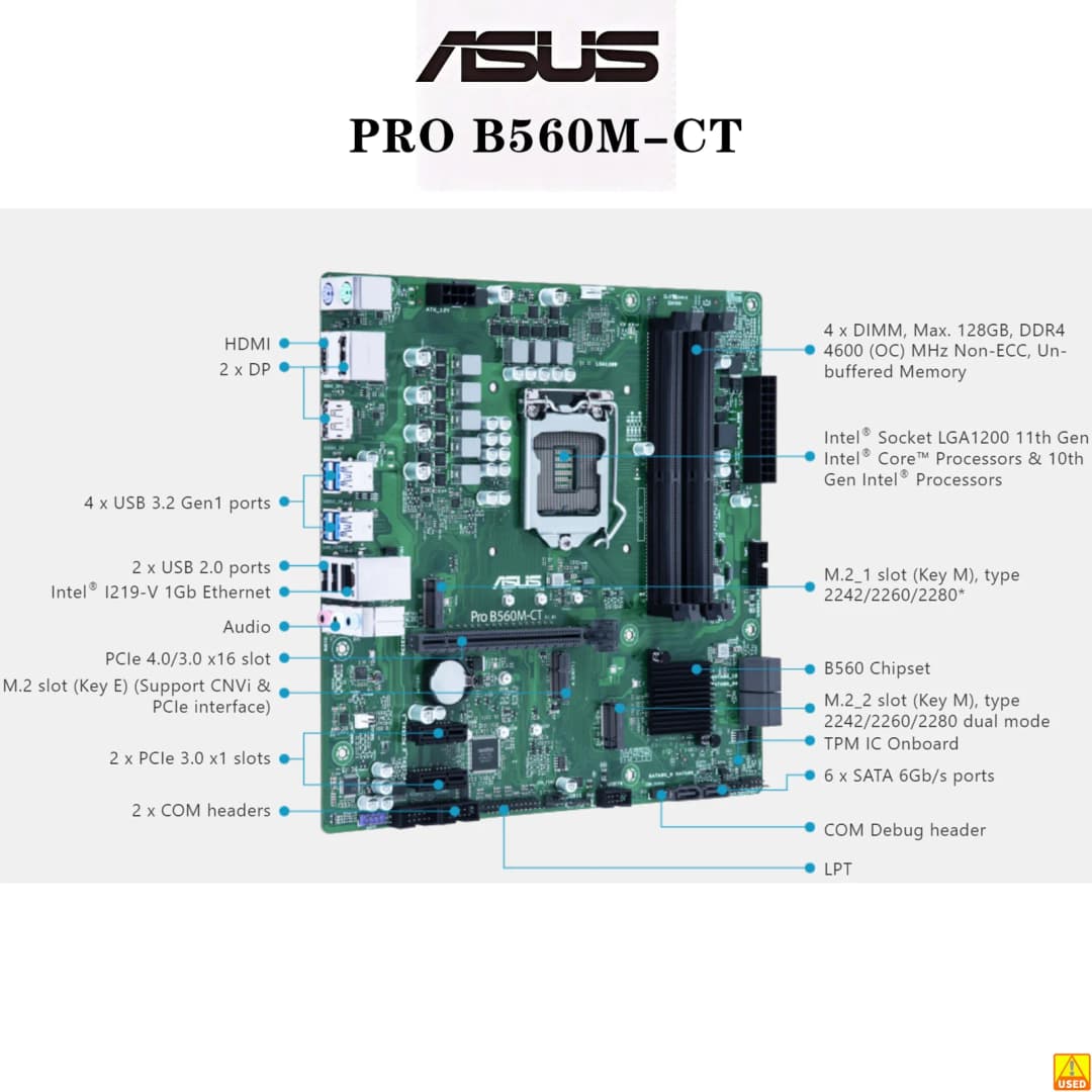 لوحة أم ASUS Pro B560M-CT بمقبس LGA1200 ومعالج DDR4 بسرعة 4600 (O.C) وشريحة B560 microATX