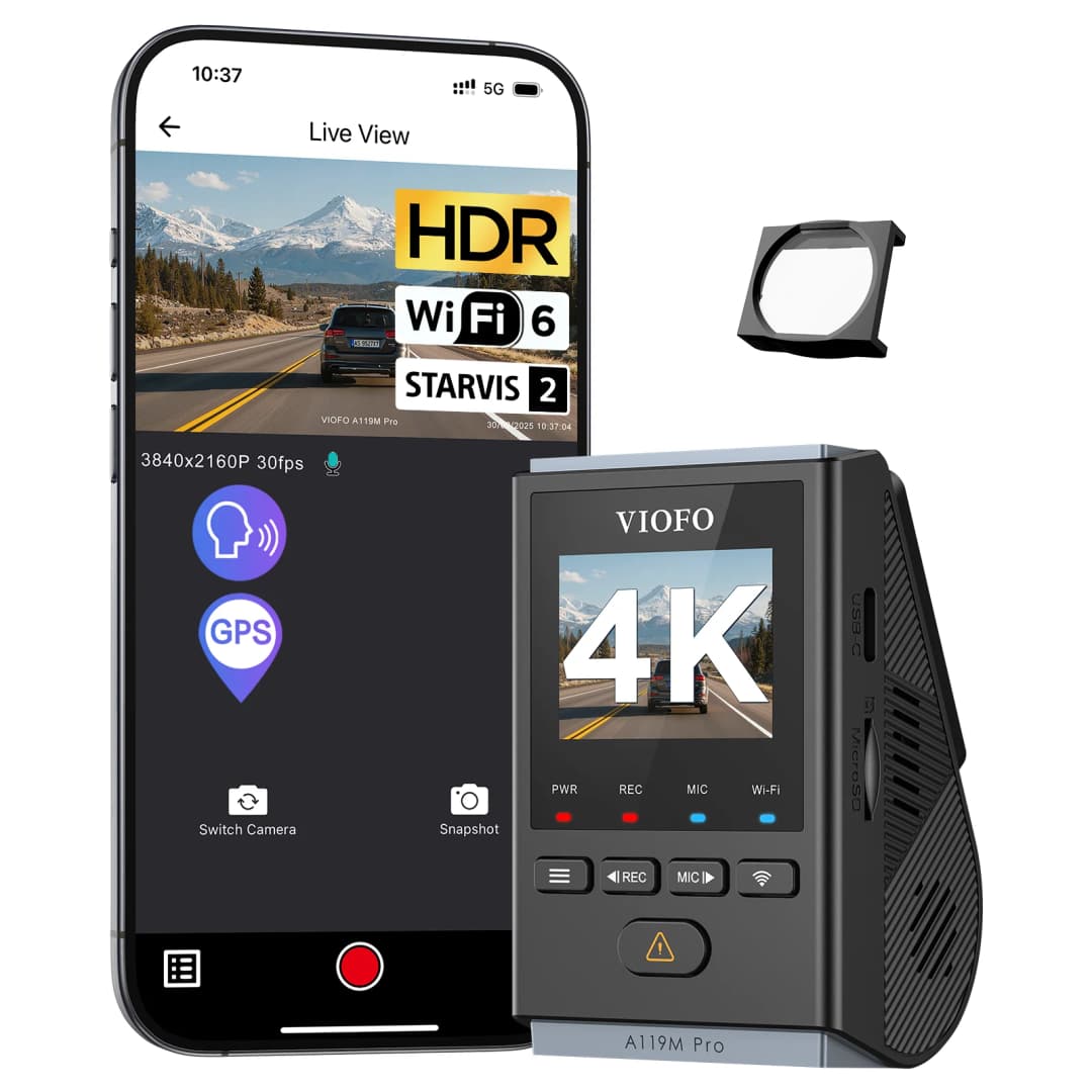 كاميرا لوحة قيادة VIOFO A119M Pro بدقة 4K HDR، مستشعر STARVIS 2 IMX678، كاميرا أمامية للسيارات، واي فاي 6، نظام تحديد المواقع رباعي الوضع، تحكم بالصوت