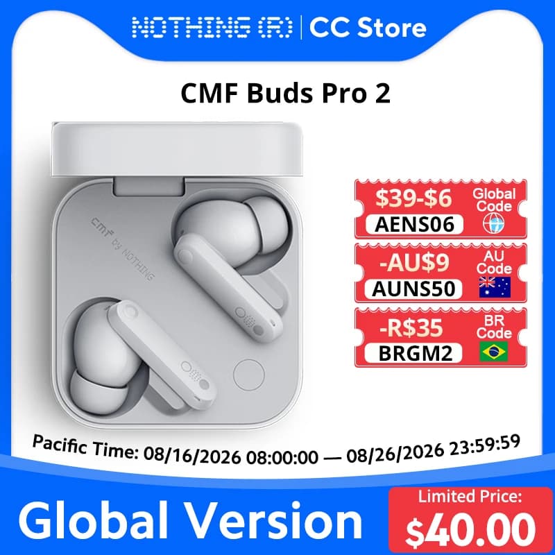 سماعات CMF By Nothing Buds Pro 2 إصدار عالمي، 6 ميكروفونات HD، إلغاء ضوضاء هجين 50 dB، بلوتوث 5.3، IP55
