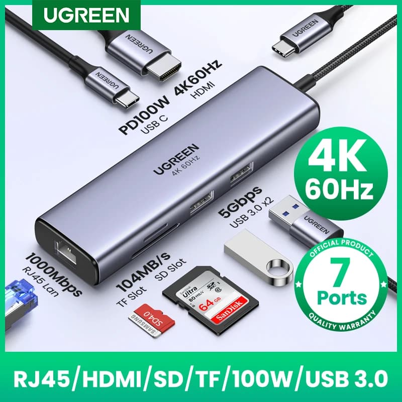 محول USB HUB 7 في 1 من UGREEN من Type-C إلى HDMI بدقة 4K60Hz مع منافذ SD وTF وUSB 3.0 وPD 100 واط لأجهزة الكمبيوتر المحمول وماك بوك