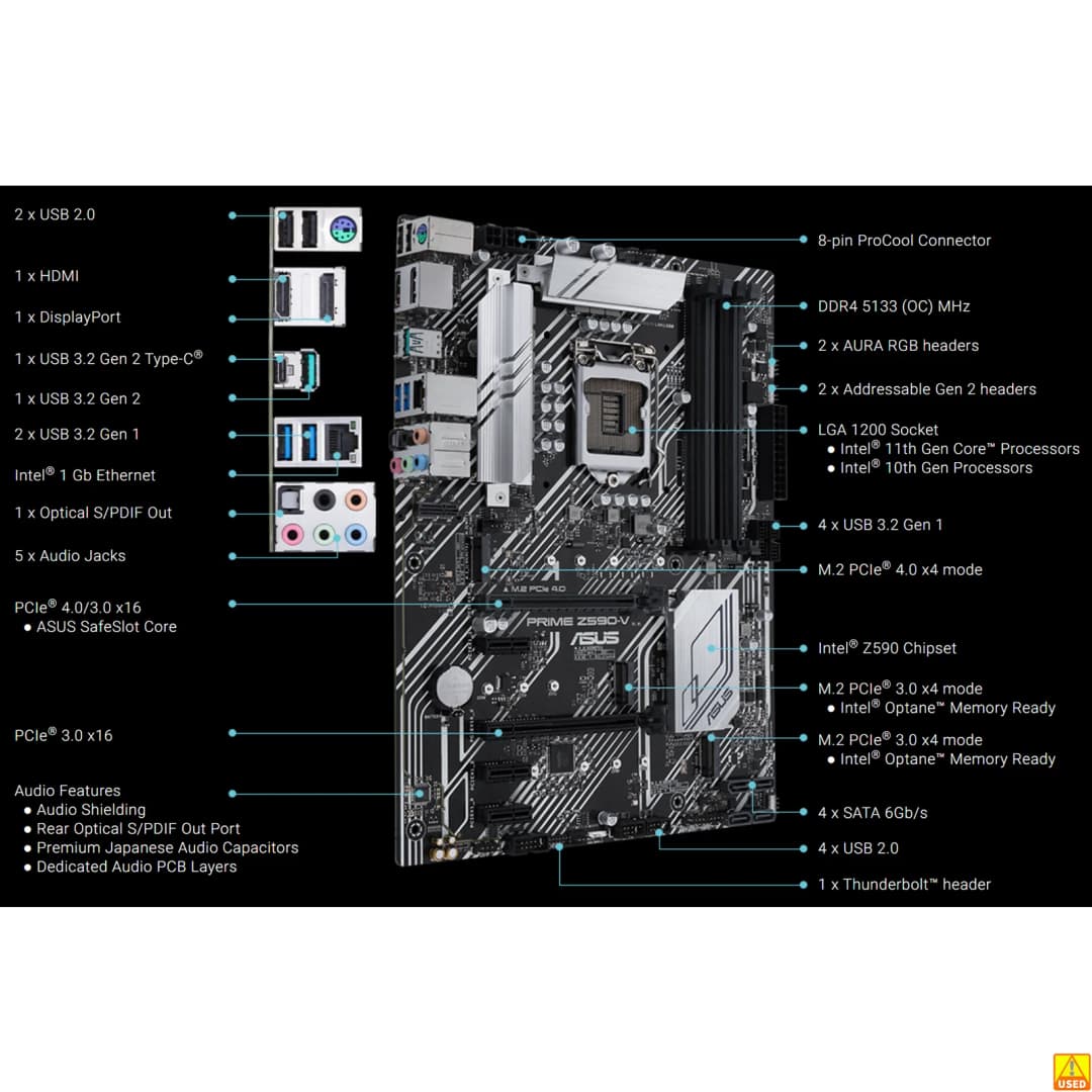 أسوس PRIME Z590-V لوحة أم بمقبس LGA1200، معالج DDR4 بتردد 5133 (O.C)، مجموعة شرائح Z590، لوحة رئيسية ATX - 2